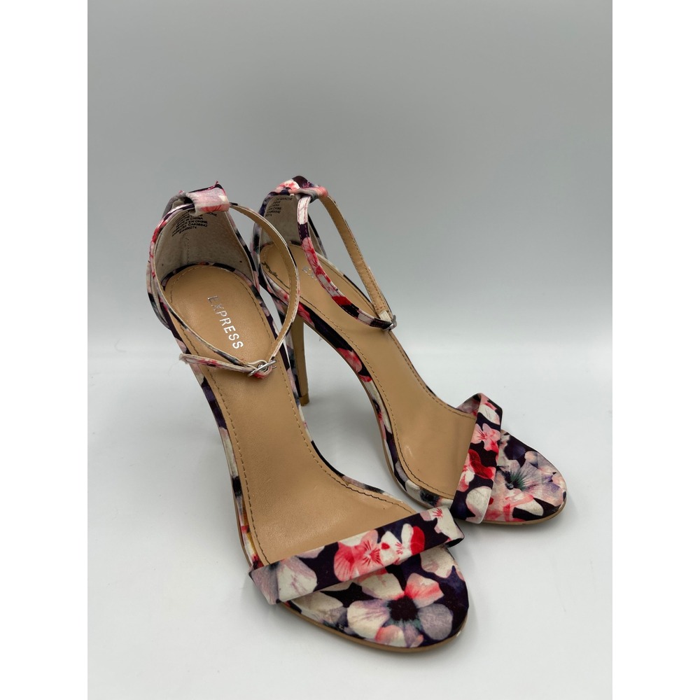 Express Floral Ankle Strap Stiletto Sandals Pink Black White Size 7 Open Toe - Picture 3 of 8